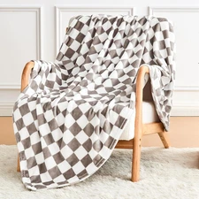 Light Grey Checkered Blanket, Ultra Soft Fluffy Fleece - Checkered Grid Print Th