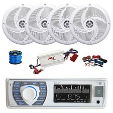 Pyle Marine MP3 Stereo Receiver, BT Amp w/Kit, 4X 5.25" 180W White Speaker,Wire
