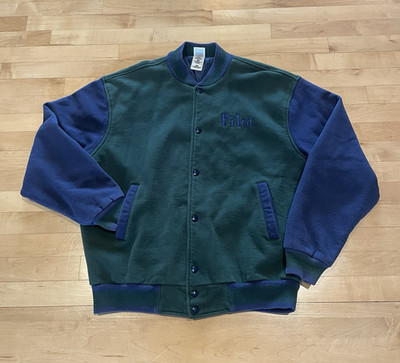 Vintage 90s Varsity Bomber Pilot Retro Front Snap Jacket Dark Blue & Green Sz XL