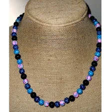 Blue Pink Polymer Clay & Black Lava Beaded Necklace
