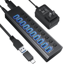 Powered USB 3.0 Hub Aluminum 10 Port USB 3.0 Data Hub with 12V/4A 48W Power A...