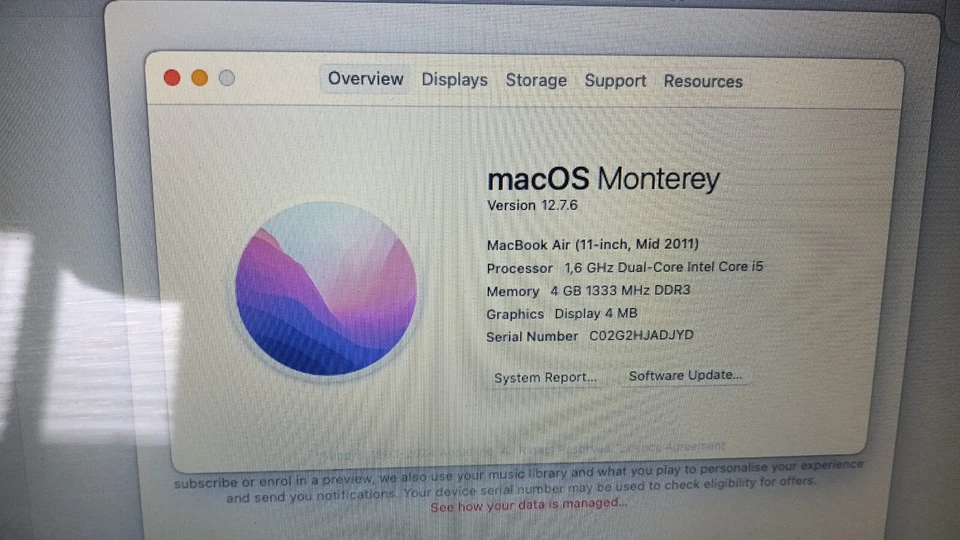 Macbook AIR A1370 11,6" 2011 I5 1,8Ghz 4gb 256gb nvme MACOSX MONTREY - Immagine 3 di 4