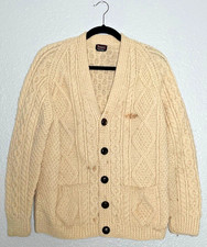 VTG Trampeter Fisherman's Cardigan Sweater Cream Chunky Knit Ireland Stained 44"