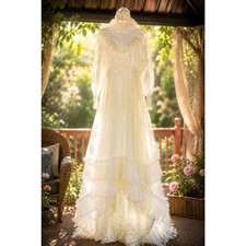 Vintage 70s Lace Wedding Dress Victorian Prairie Boho Bridal Gown Train XS S