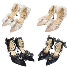 Bowknot Ruffle Lace High Heel Pearl Chain Women Wedding Party Dress Pumps Shoes