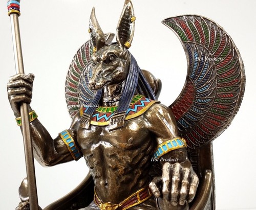 Egyptian Anubis Jackal W/ Cobra Scepter on Throne Statue Antique Bronze Finish - Picture 1 of 6