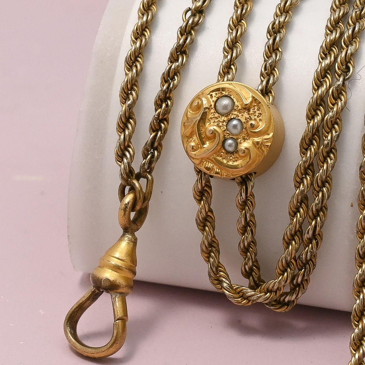 Antique Victorian Seed Pearl Yellow Gold Filled Slide Charm Rope Chain  Necklace