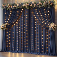 Navy Blue Backdrop Curtains 10x10 FT 2 PCS With Lights String Wrinkle Free