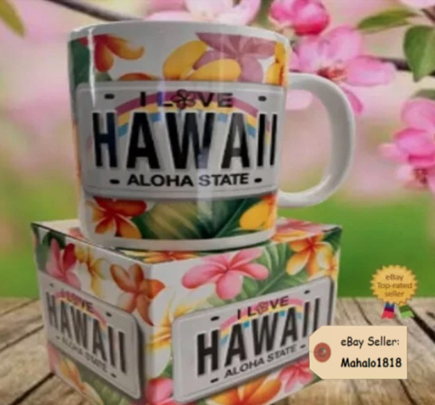 I Love Hawaii Aloha State Coffee Mug Plumeria License Plate Hawaiian Gift(Boxed)