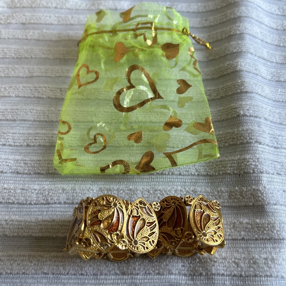 M&S Gold Plated Orange & Gold Enamel Stretchy Bracelet#12 - Imagem 4 de 4