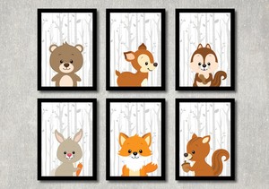 A4 Woodland Animal Nursery Decor Forest Wall Art Print Rustic
