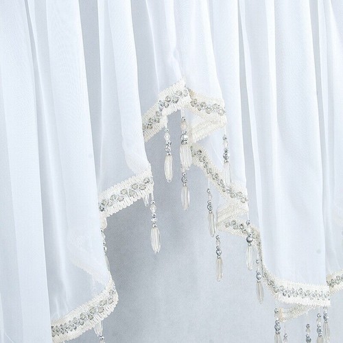 3 Panels Sheer Lace Swag Window Curtain Valance w/ Crystal Beads Kitchen Bedroom - Picture 7 of 60