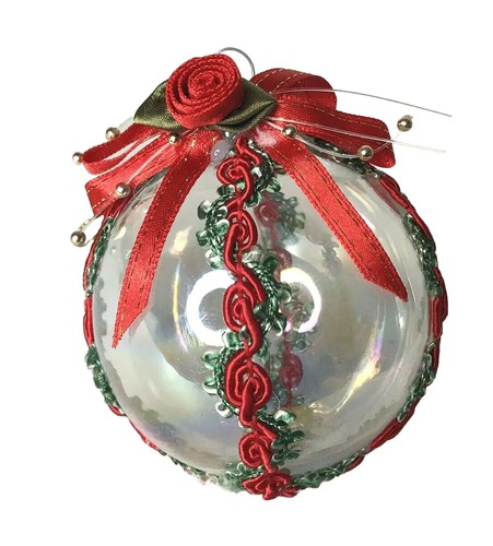 Handverzierte Glaskugel Rot Rose Grün Blatt Band Weihnachtsschmuck 3,5"