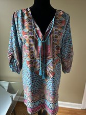 NLW Women’s Bohemian Style Colorful Print V-Neck Dress Size M tie tassel New