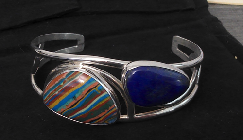 Jay King Sterling Silver 925 Rainbow Calsilica & Lapis Lazuli Cuff (Grp. 17) - Picture 2 of 9