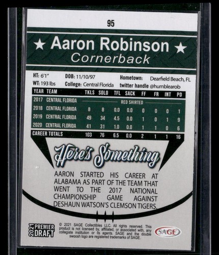 SAGE Premier Draft #95 2021 Aaron Robinson Silver UCF Knights - Imagen 2 de 2