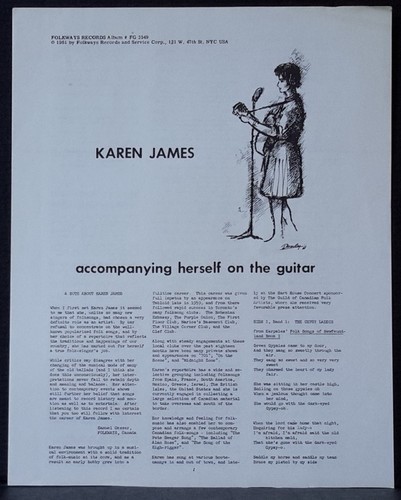 KAREN JAMES - FOLKWAYS FG3549 1ST US PRESS 1961 CANADIAN FOLK GREAT COND RARE - Foto 3 di 4
