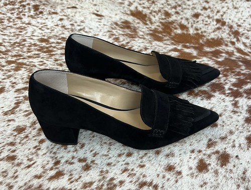 Ann Taylor Brand Kiltie Black Suede Block Heel Pumps Women’s Size 7M With Fringe - Picture 5 of 12