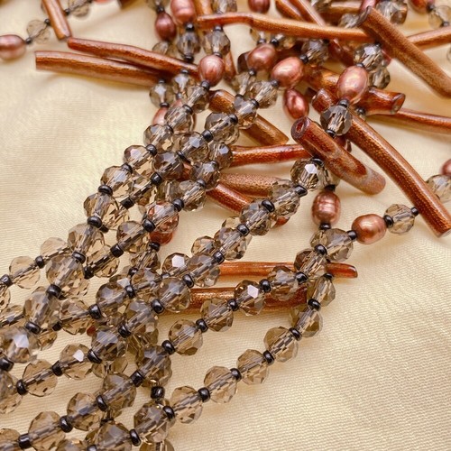 9 Strands Cultured Brown Rice Pearl Golden Coral Crystal Statement Necklace - Picture 6 of 6