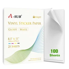 A-SUB Printable Vinyl Sticker Paper Glossy White 100 Sheet 8.5x11 Inkjet Printer