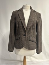 Women's Savoir Brown Check Jacket Velvet Trim Uk 12 Pockets Floral Lining Vgc
