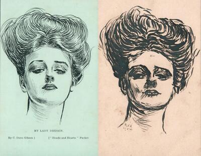 UNIQUE Set 2 Gibson My Lady DisdainPostcards 1 Real 1 Antique Hand Drawn Copy