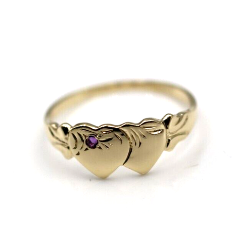 Size N 1/2 9k 9ct Yellow Gold 375 Amethyst Double Heart Signet Ring - Picture 4 of 4