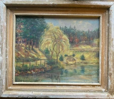 Oil Painting Sign G.Somborn Weeping Willow At See Autumn Landscape Rustic Style