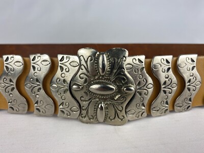 Vintage Croute De Cuir Leather Belt Silver Tone Metal  display picture 3