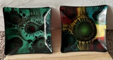 Lot Of 2 VTG Mid Century Reverse Painted Art Glass Square Trinket Dishes Ashtray