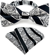 Mens Pre-Tied adjustable Bow Tie Paisley Black White Silk Bowtie Hanky Party