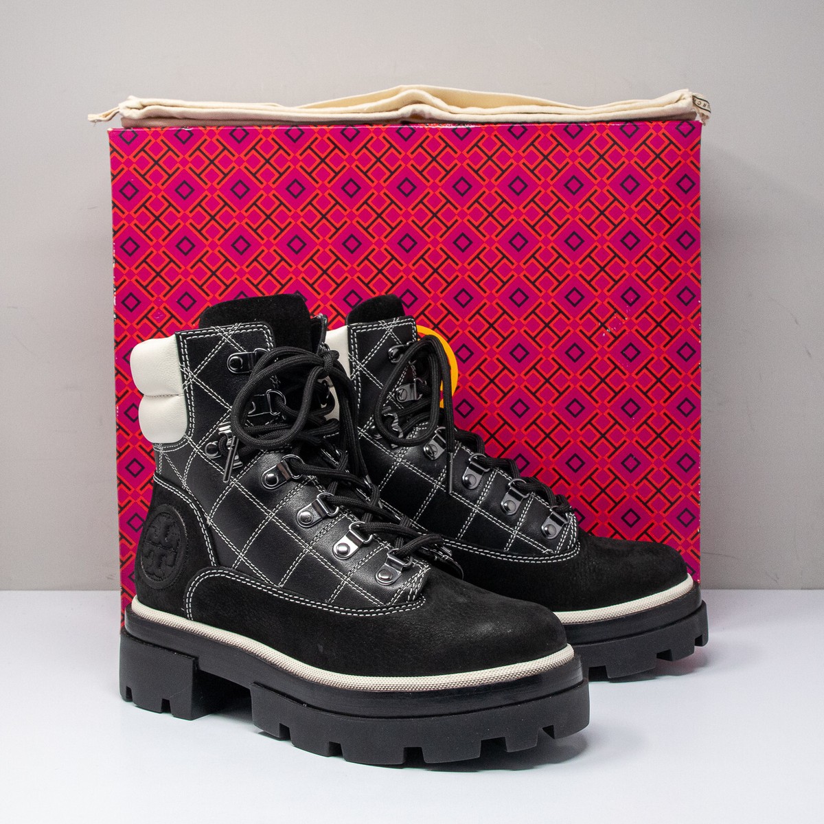 Tory Burch Miller Lug Black/White Hiker Boots, Size US