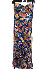 The Sang Navy Floral Tropical Strapless Maxi Dress, Large, Padded Bra, Stretch
