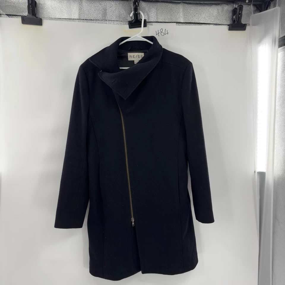 REISS Wool Blend Asymmetrical Zipper Coat in Black Size L - Image 2 of 4
