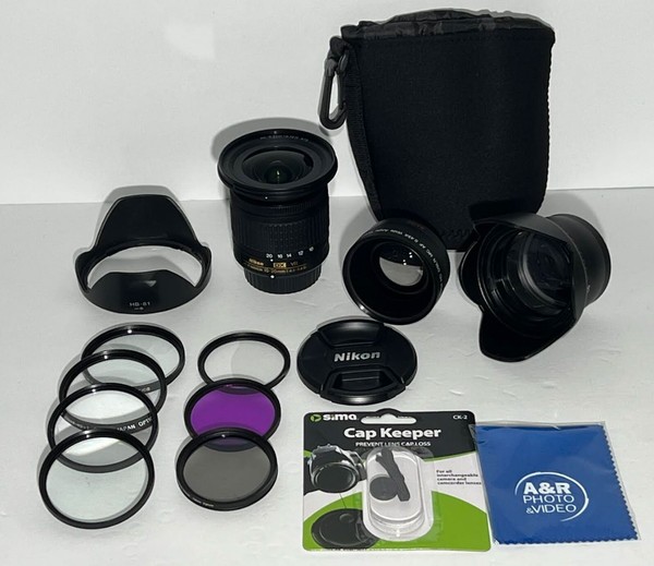 Kit de lentes Nikon AF-P DX NIKKOR 10-20 mm f/4,5-5,6G VR con filtros, estuche para capucha ++