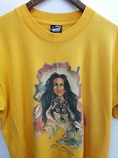 VTG 80s Native American Woman Wolf Print Screen Stars Single Stitch Mens Large