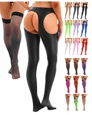 Women's Shiny Glossy Pantyhose Sheer Crotchless Stockings Nylon Tights Bottom