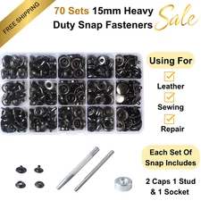 70 Sets 15mm Heavy Duty Snap Fasteners - Metal Snaps for Leather, Sewing, Repair