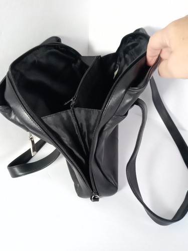 Black Leather Shoulder Bag. Double Handles Zip Close Multi Pockets - Picture 10 of 10