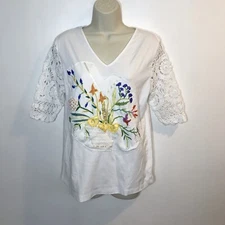 Venezia Vintage Crochet Sleeves Blouse Shirt Beaded White Floral 80s 90s Medium
