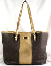 Michael Kors Brown MK Signature Logo Gold Stripe XLarge Shoulder Tote Bag Good