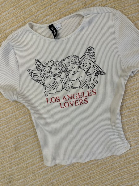 Divided White Ribbed Knit Cropped Graphic T-Shirt Angel Print Round Neck S