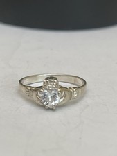 Vintage Sterling Silver Cubic Zirconia Set Claddagh Ring Size N