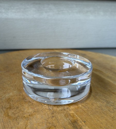 Orrefors Sweden Crystal Round Puck Donut Clear Votive Candle Holder 3.75" Label