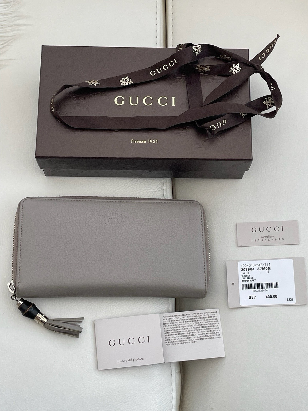 GUCCI ZIP AROUND PURSE WALLET 307984 BAMBOO TASSEL STORM GREY CELLARIUS