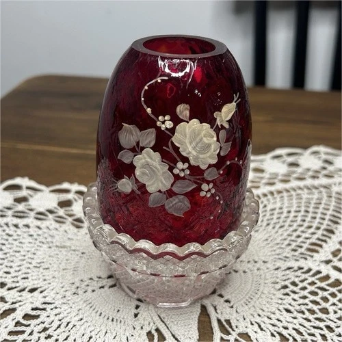 Fenton Ruby Red Hand Painted Floral Fairy Lamp - SIGNED