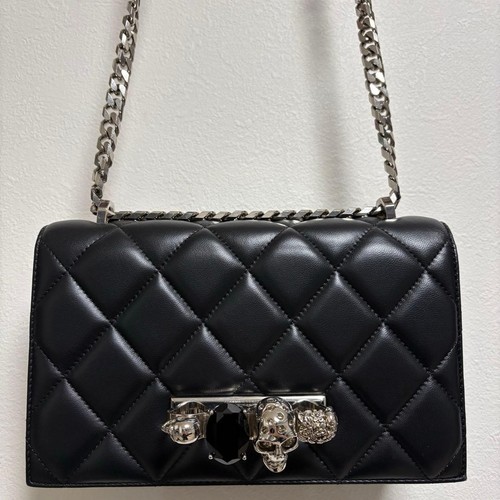 Alexander McQueen Skull Jewelled Satchel Shoulder Bag Black Chain quilting