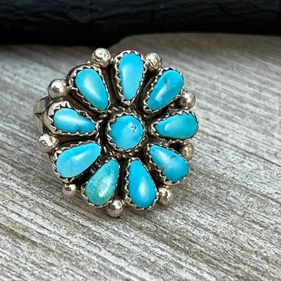 Size 7.25 Blue Turquoise Round Cluster Ring Navajo Sterling Silver Alicia Wilson