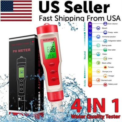 4-in-1 Digital pH EC Meter LCD Water Test Pen for Hydroponics Aquarium, Pocket