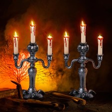 2 Pcs Skull Candelabra Halloween Decor - LED Flameless Candle Holders, Scary Tab